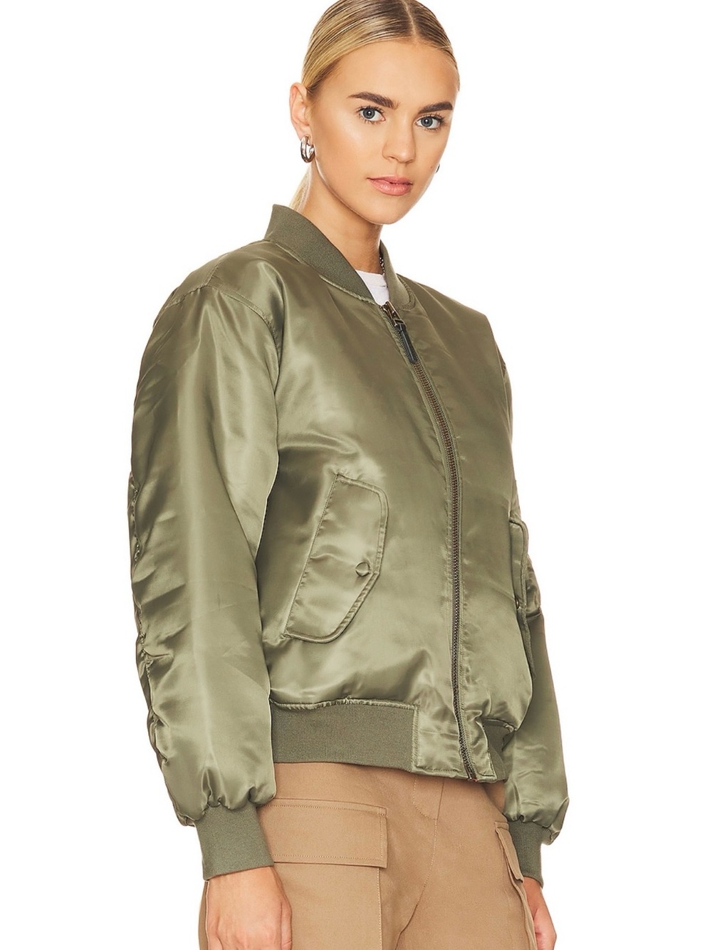 Anine Bing Olive Satin Bomber Jacket
